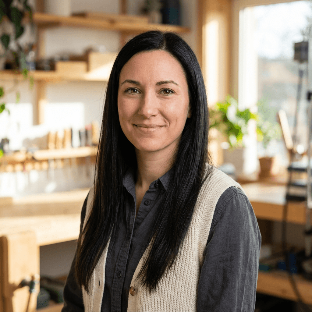 Emily R., a woman in her mid 30s, in a modern home interior
