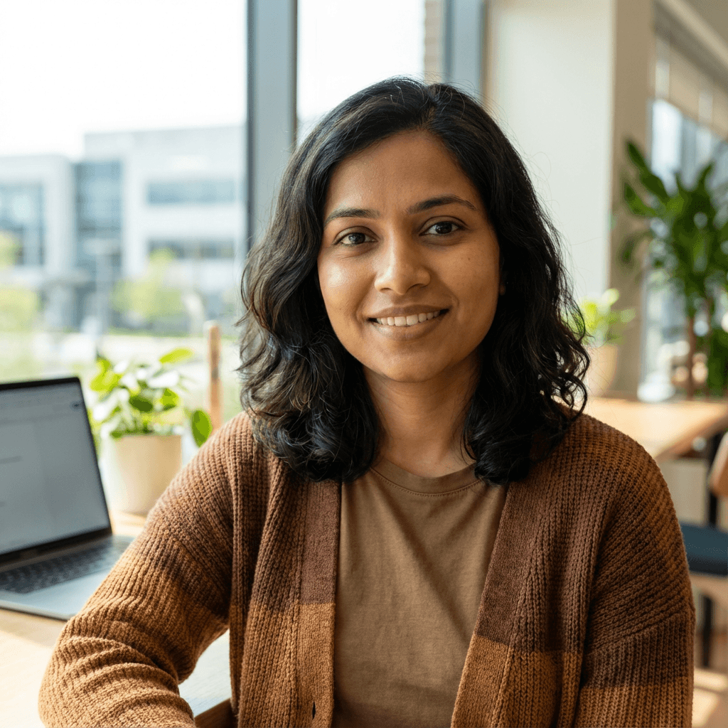 Priya K. in her 30s, property manager, holding a tablet