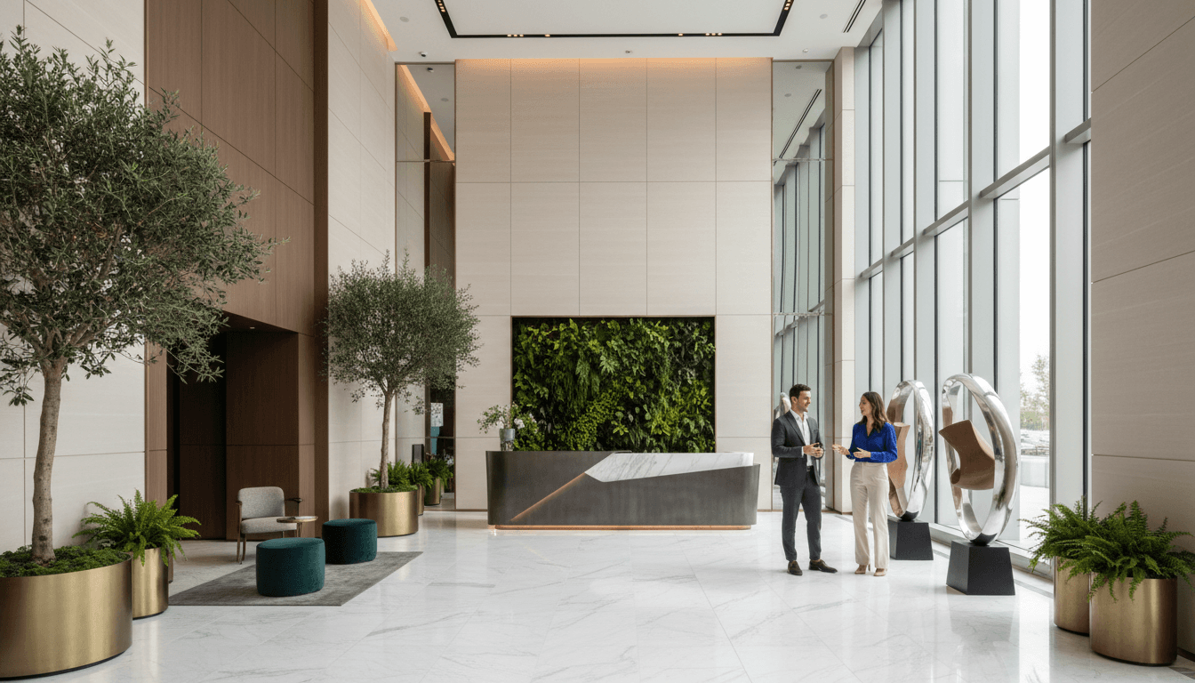 Bright modern apartment building lobby with polished floors