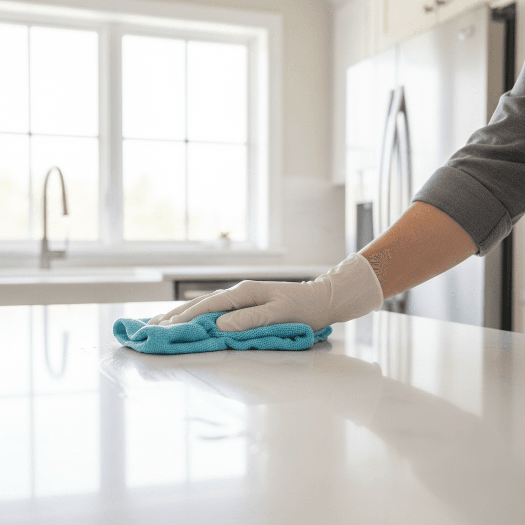 Cleaner wiping kitchen counter in a bright empty apartment