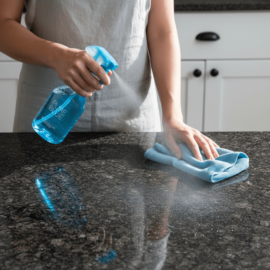 Close up of gloved hands spraying a countertop with a cleaner and wiping it down