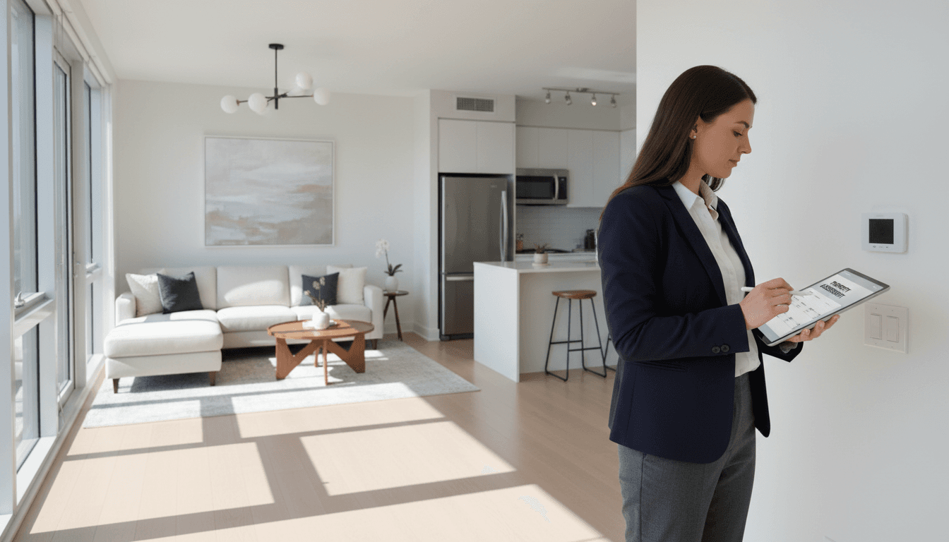 Professional inspector with clipboard reviewing an empty apartment