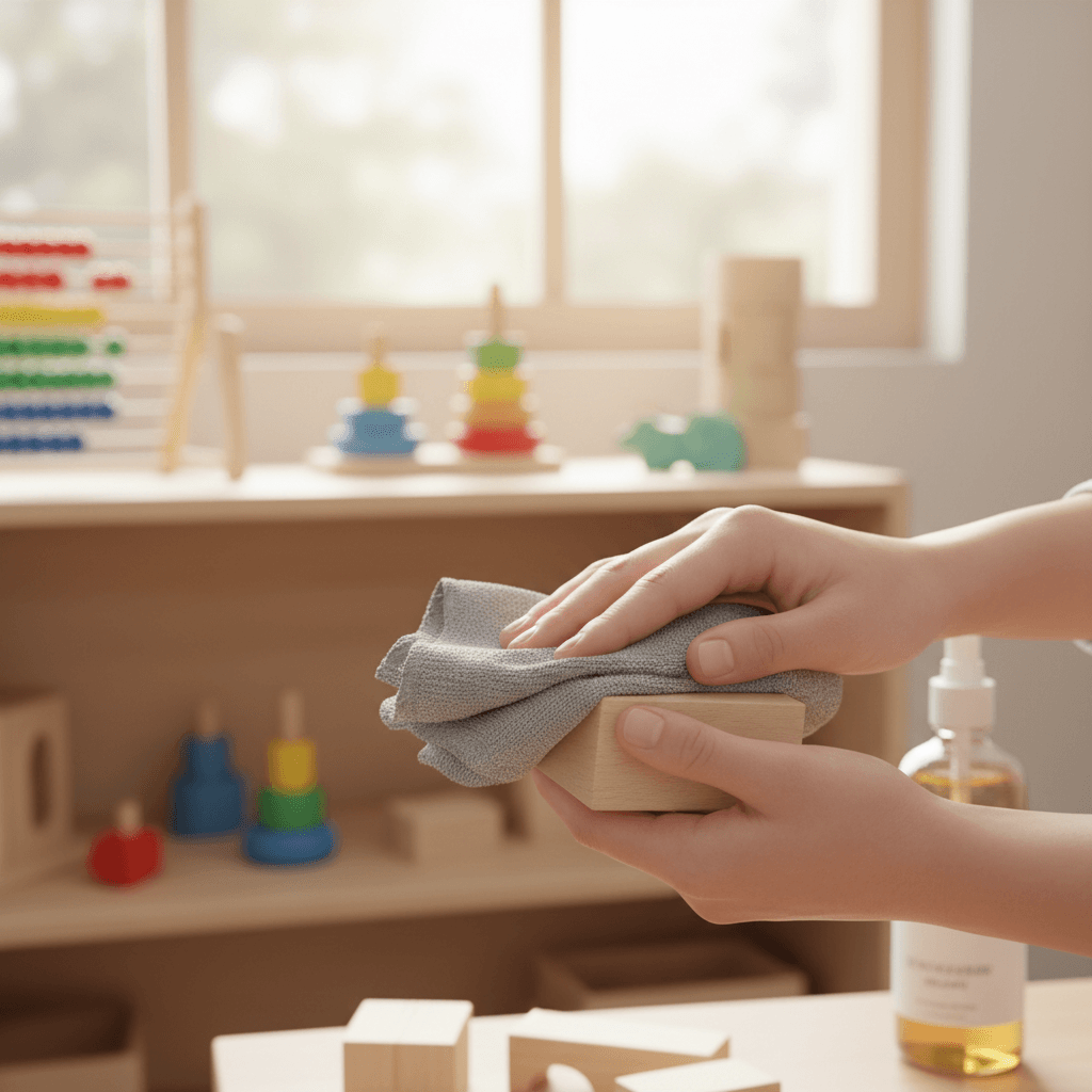 Cleaner wiping colorful toy shelves in a bright daycare room
