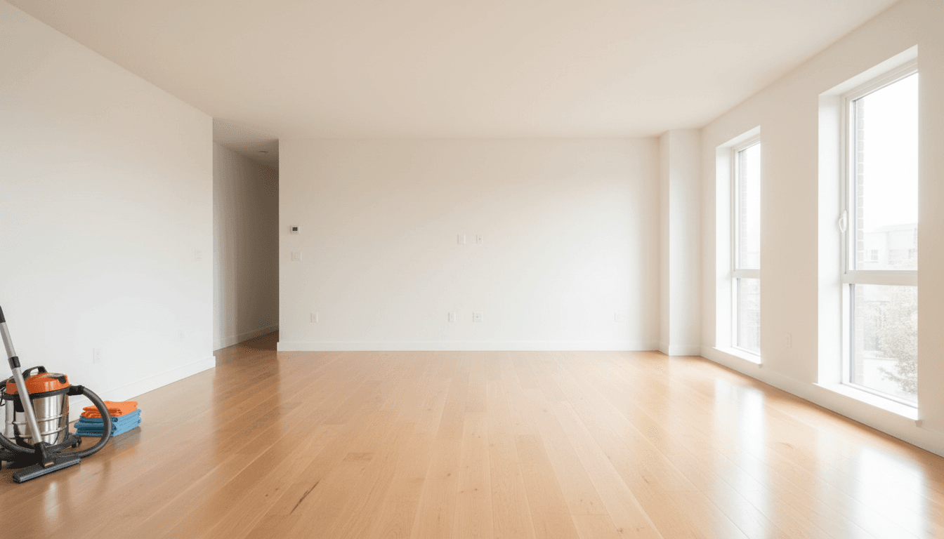 Empty bright living room with clean hardwood floors after a cleaning