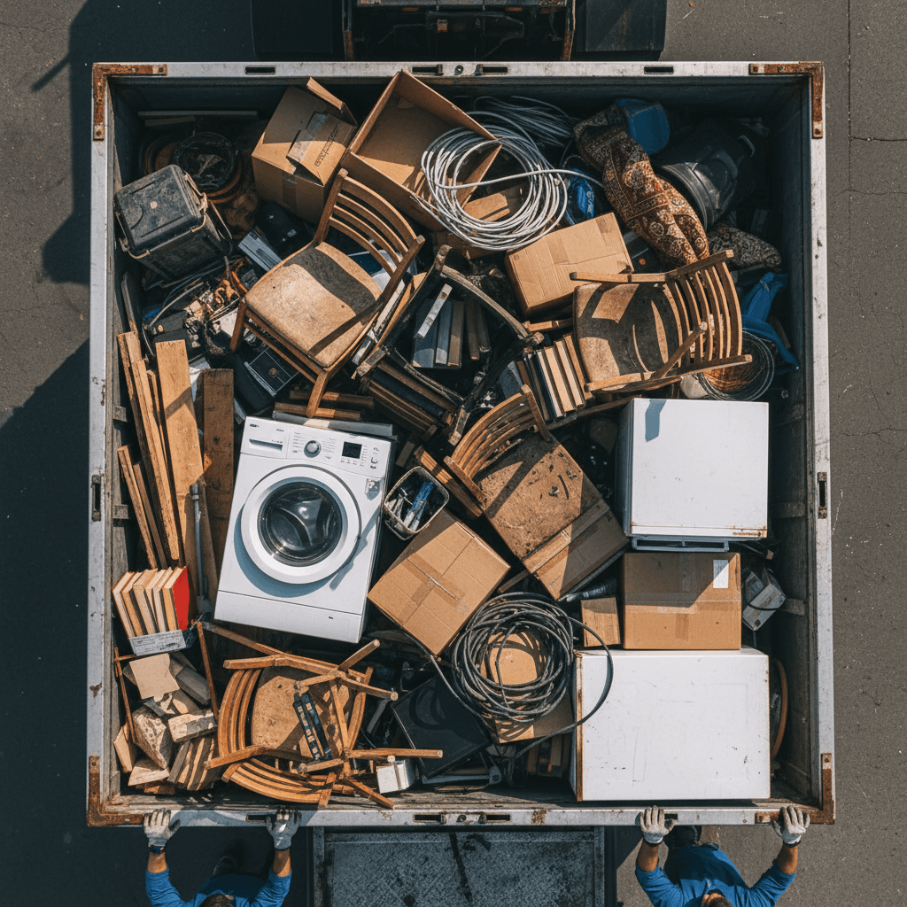 Filled trash bags and boxes loaded into a truck for removal