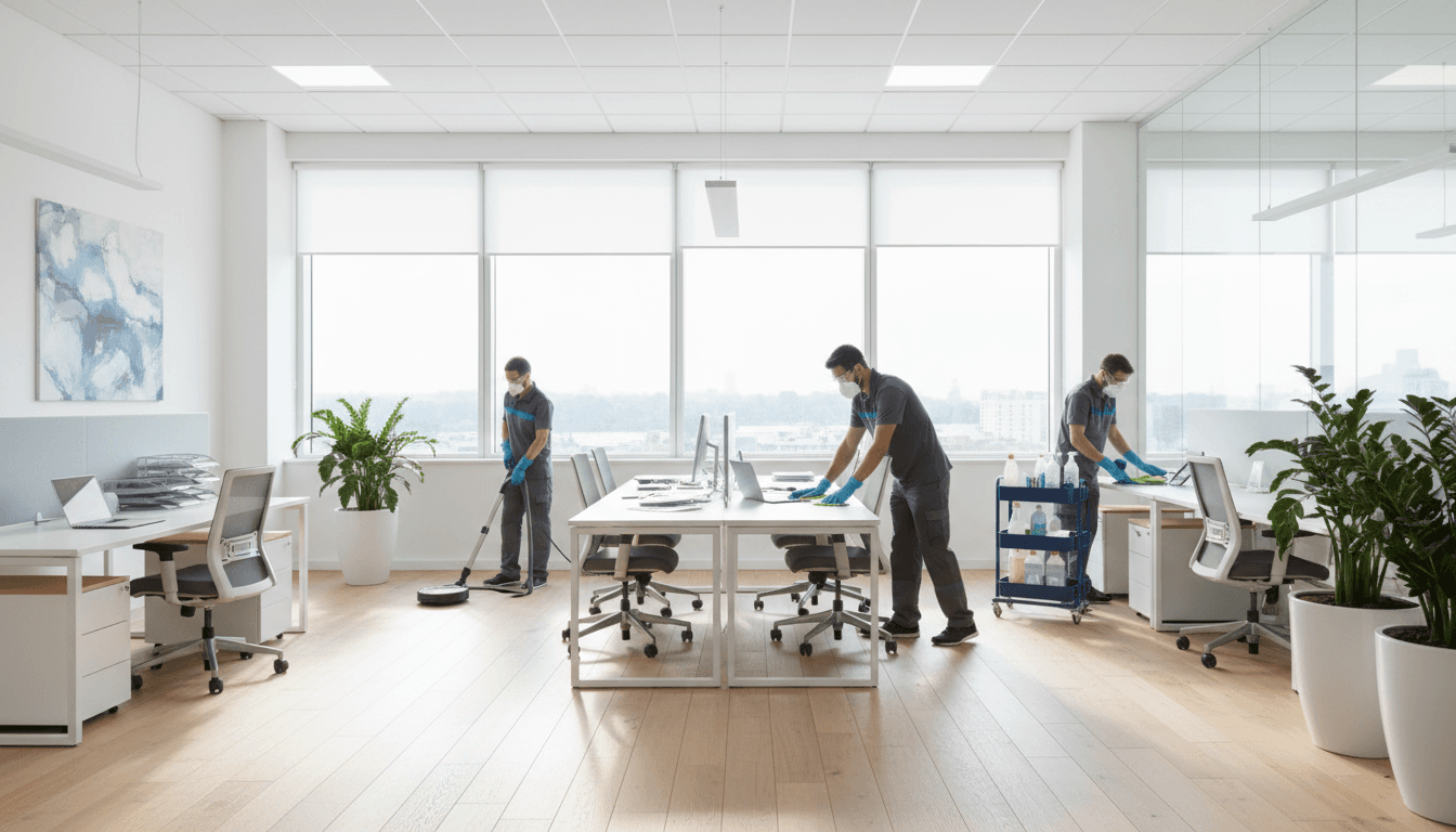 Cleaner sweeping dust and debris in a new renovated office space