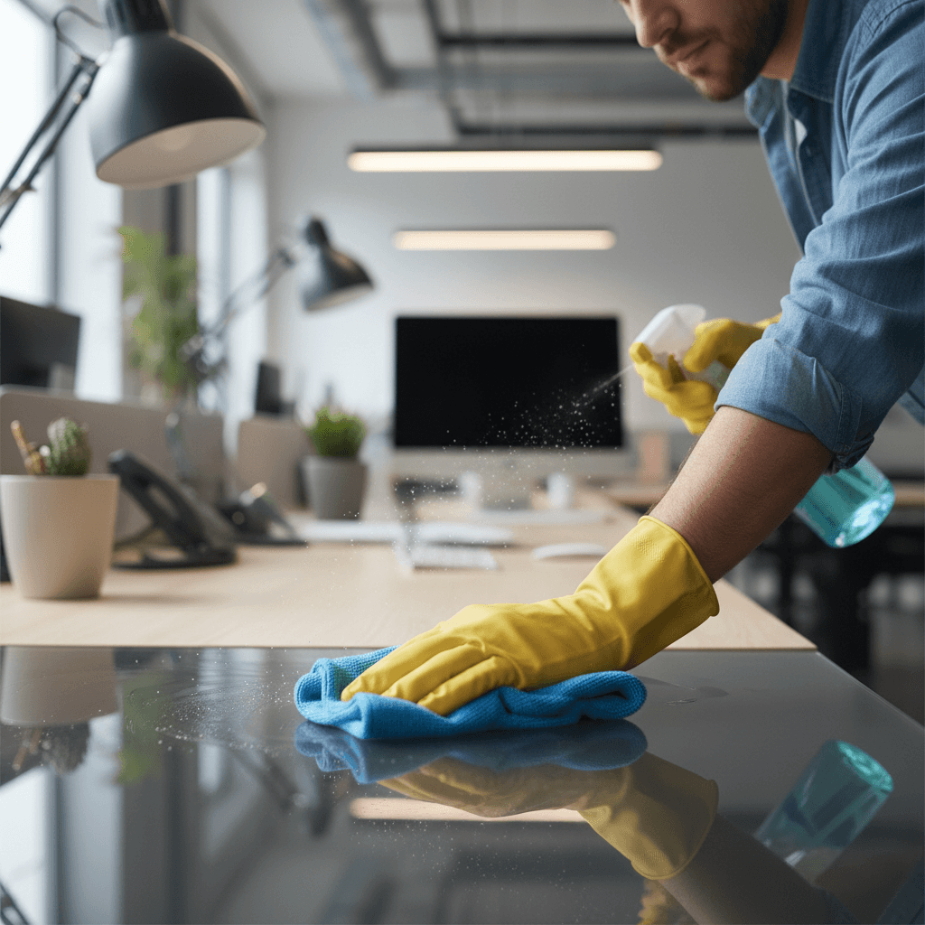 Professional cleaner disinfecting an office desk in a bright, modern workspace
