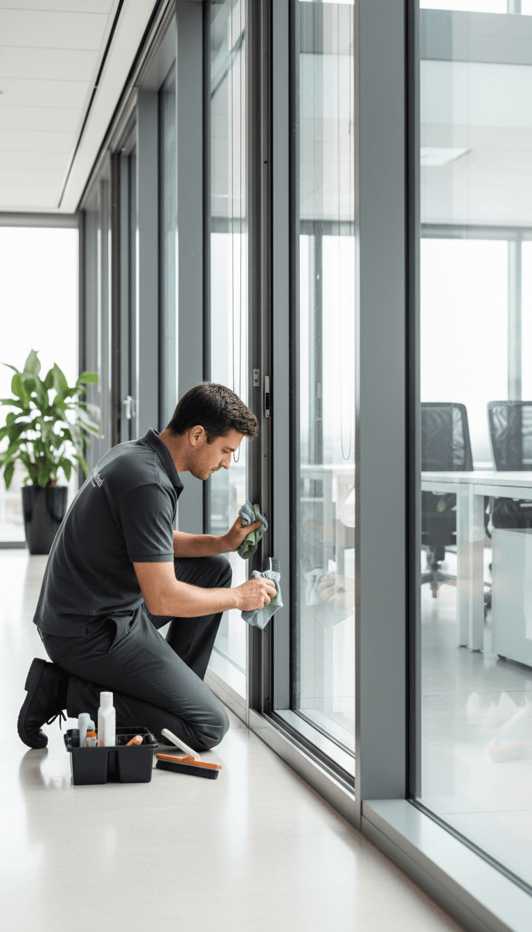 Professional cleaner wiping a large window in a bright rental property