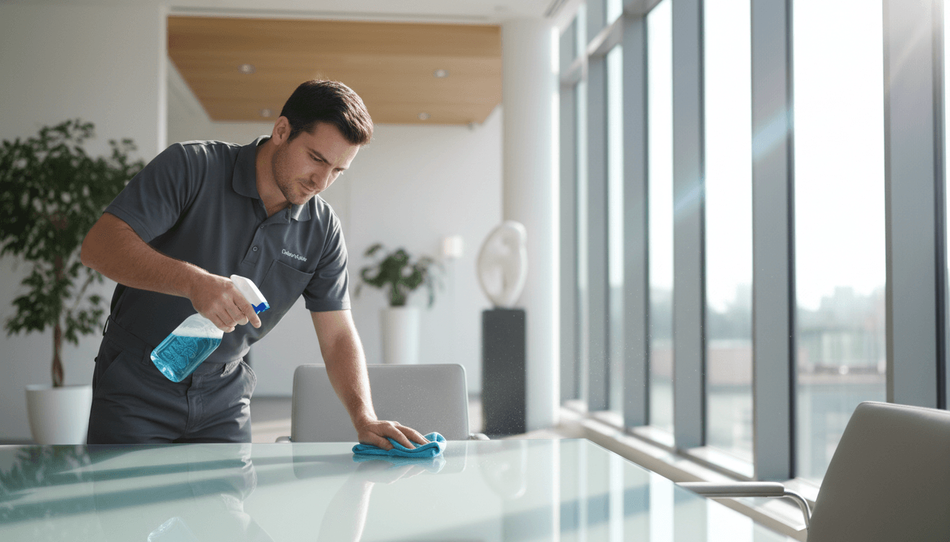 Professional cleaner wiping an office desk in a bright modern workspace
