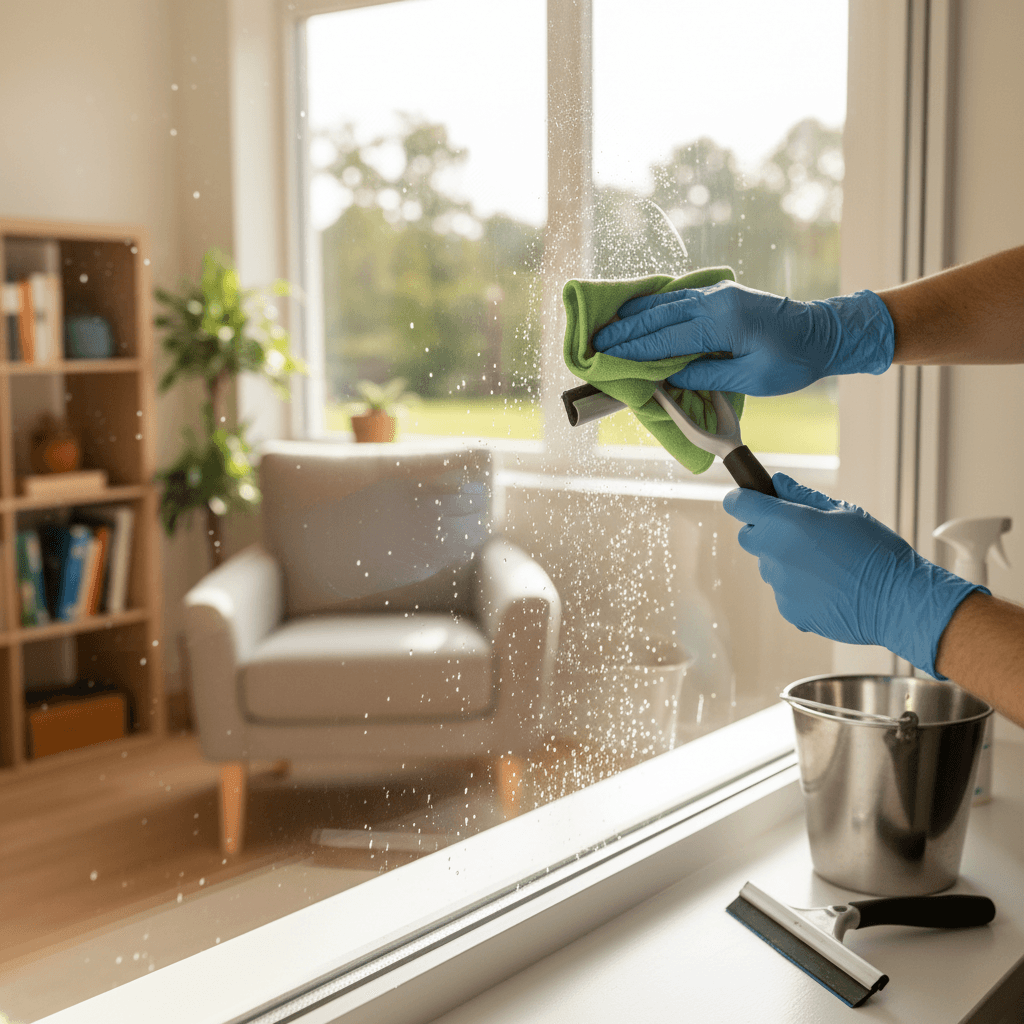 Professional window cleaner using a squeegee on a large window