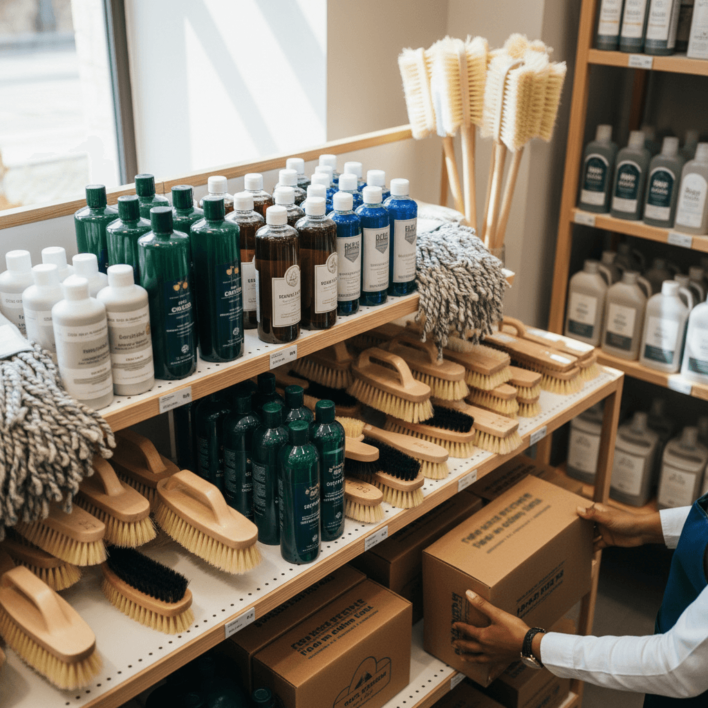 Cleaner mopping the floor in a modern retail store with shelves