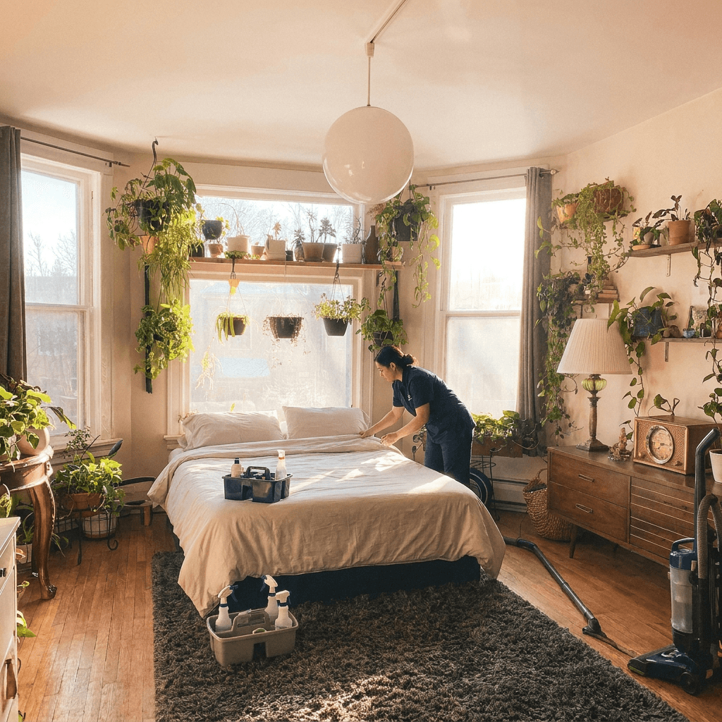 Cleaner making a bed with fresh white linens in a cozy rental bedroom