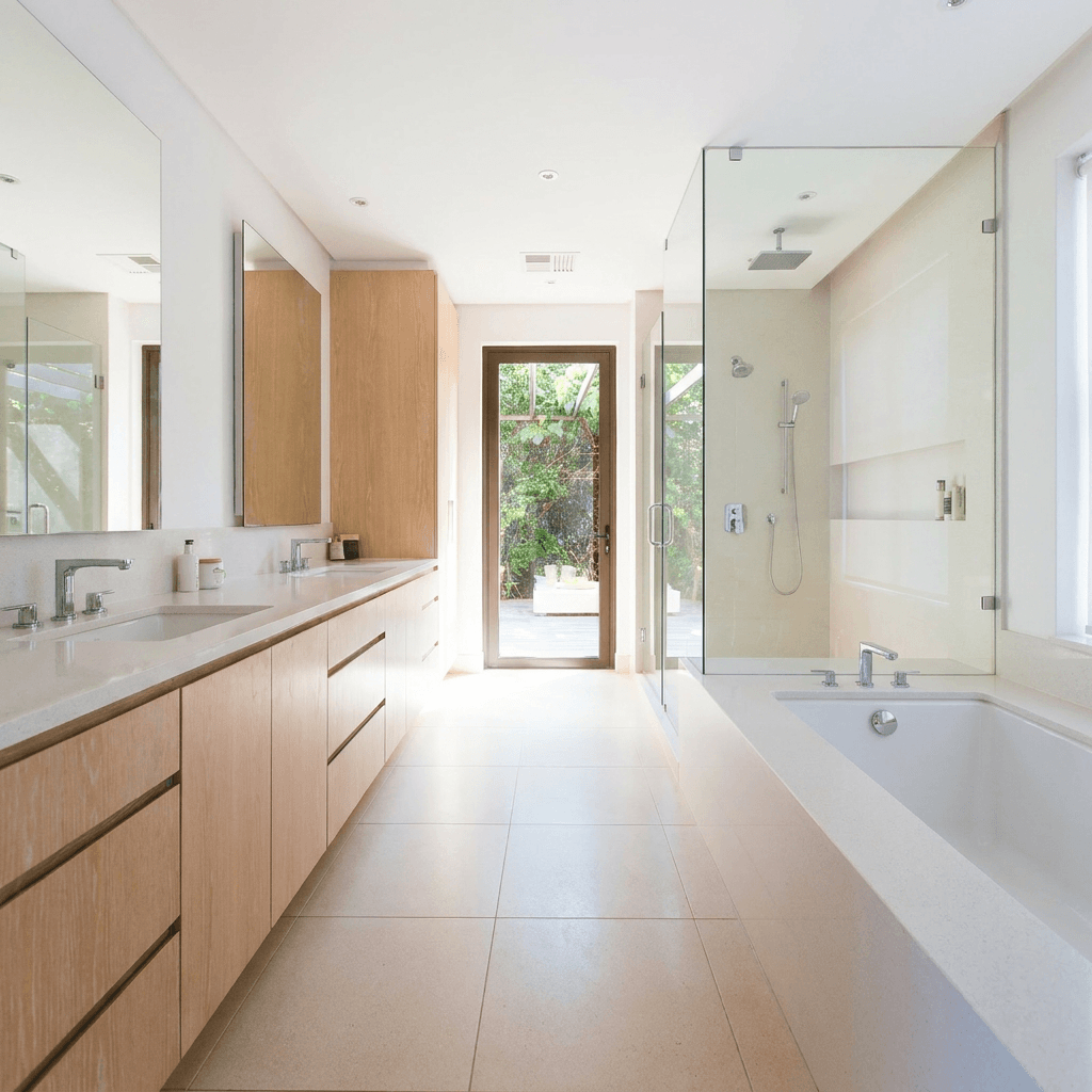 Cleaner scrubbing bathroom tiles with a sponge in a modern bathroom