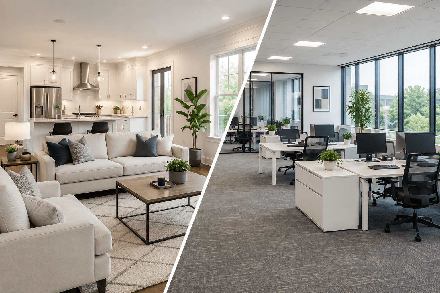 Split-screen comparison of a cozy home living room and a modern, professional office workspace.