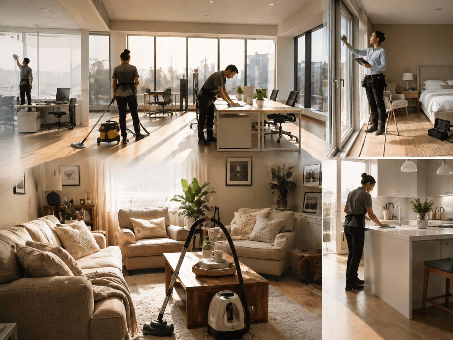 Professional cleaners mopping, vacuuming, and wiping surfaces in bright office and residential home settings.